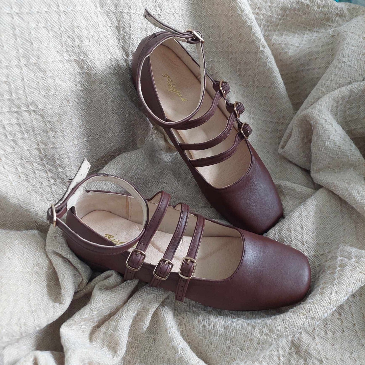 Square Toe Tri-Strap Mary Jane Flats with Ankle Strap